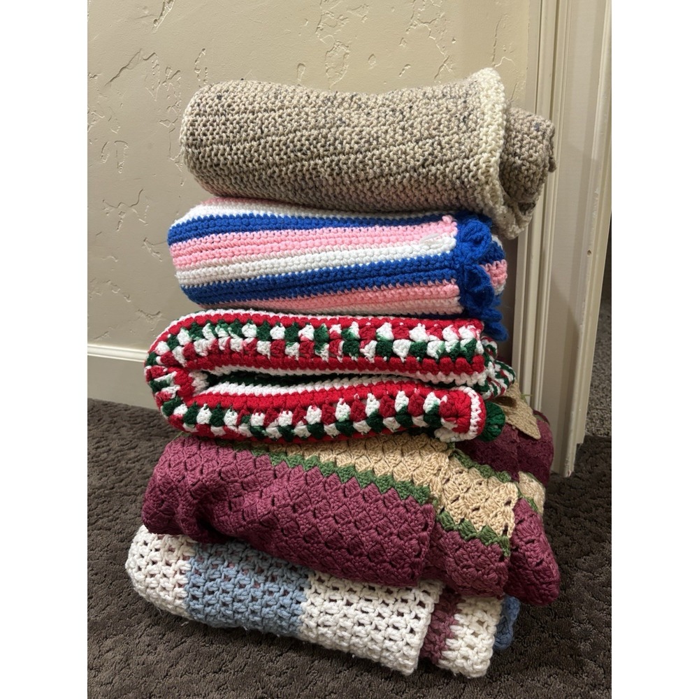 LOT OF 5 CROCHET BLANKETS DIFFERENT SIZE BEAUTIFUL WORKMANSHIP HANDMADE SEE